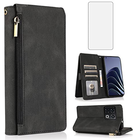 Asuwish Handyhülle für OnePlus 10 Pro Hülle und Folie Schutzfolie Handyhüllen Schutzglas Wallet Cover Kartenfach Klappbar Leder Geldbörse Ständer 10Pro 5G Handy Hüllen Schutzhülle Phone Case Schwarz