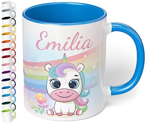 Kinder-Tasse mit Namen „Einhorn mit Regenbogen-Motiv“ – personalisierte Tasse für Jungen und Mädchen - rundum bedruckt – schönes Geschenk zu Weihnachten, Geburtstag (Cambridge Blau)