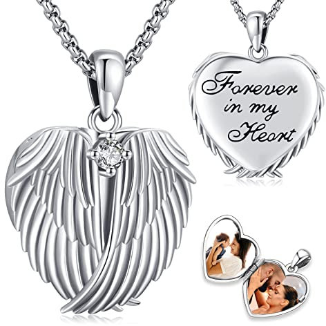 Eusense Medaillon zum öffnen für Bilder Foto Halskette Anhänger Fotos 925 Silber Engelsflügel Medaillon Kette Schmuck für Damen Mädchen