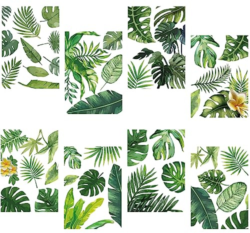 CRASPIRE Lot de 8 feuilles d'autocollants muraux en PVC imperméables et autocollants en forme de feuille de palmier naturelle - 8 styles amovibles - Pour fenêtre, escalier, décoration d'intérieur, TV