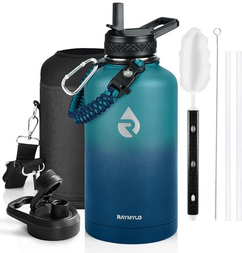 RAYMYLO Isolierte Wasserflasche, 1,8 l, dreiwandig, vakuumiert, Edelstahl (kalt für 48 Stunden), auslaufsicher und BPA-frei, 1,8 l Wasserflasche, Krug mit Paracord-Griff und Strohhalm-Auslaufdeckel,