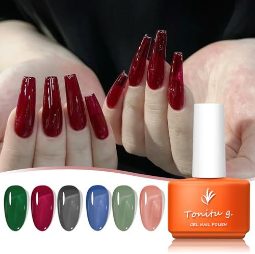 Tonitu G Jelly Gel Nail Polish Set 6 pcs Colors,Green, Burgundy, Charcoal, Cobalt Blue, Olive, Terracotta,Gel Nail Art Kit, UV LED Soak Off for Salon Manicure and Nail Art DIY at Home, for Gift