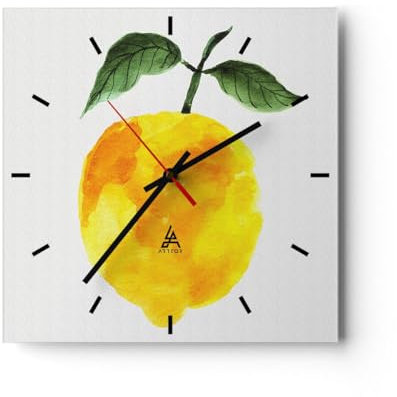 Modern Wanduhr Zitrone Küche Obst 40x40cm Quadrat Groß Wand Uhr Glas Analog Zimmeruhren Küche Büro Wohnzimmer Glasuhr Wall Clock Dekoration Design Wanddekoration Küchenuhr C3AC40x40-5227