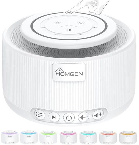 HOMGEN Máquina de Ruido Blanco para Adultos y Bebés Máquina de Sonido con Luz Nocturna y 30 Sonidos Relajantes White Noise Machine Baby Portátil con Función de Memoria y Recargable por USB (Blanco)