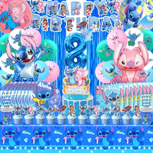 100pcs Stitc Geburtstagsdeko 8 Jahre, Stitc Deko Geburtstag, Lil Und Stitc Geburtstag Deko, Stitc Party Deko, Stitc Luftballon, Partygeschirr, Tortendeko, Stitc Kuchen Deko fur Kindergeburtstag