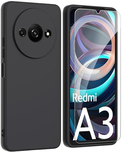 ARRYNN Funda Xiaomi Redmi A3 4G (6.71) con Cristal Templado Protector de Pantalla,Negro Ultra Slim Protectora Funda de Silicona Líquida Suave Case Cover para Xiaomi Redmi A3 4G - Negro