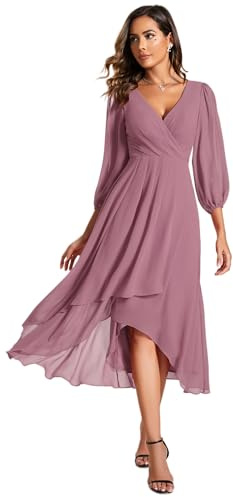 Ever-Pretty Women's Chiffon V Neck 3/4 Sleeves Pleated A-Line Midi Length Wedding Guest Dress Orchid 6UK