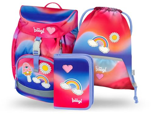 Baagl Schulranzen Mädchen für 1. Klasse, Airy Schultasche Set 3-Teilig, Grundschule Schulrucksack für Kinder, Ranzen für Schule, Tornister (Hippie)