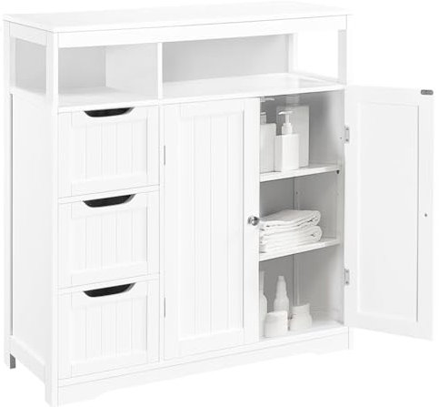 Shally Dogan Mobile da Bagno in Legno Bianco con 3 Cassetti, 2 Ante e 2 Ripiani Salvaspazio, Mobiletto Multiuso da Terra, Armadietto Autoportante per Soggiorno, Cucina, Ufficio, Armadio 80.5x30x86.5cm