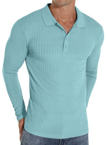 Sailwind Polo Shirts for Men Long Sleeve Tshirts Slim Fit Casual Shirts Classic Stretch Tops Golf Tee (Light Blue, L)