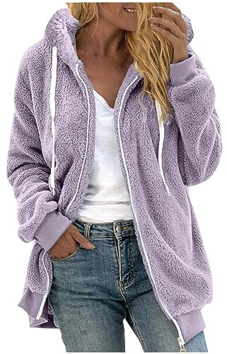 HAOLEI Felpa in Peluche Donna Casual Doppio Strato Soffice Con Cappuccio, Pile Patchwork Manica Lunga Con Zip, Pelosa Giacca Coat Teddy Caldo Cappotto