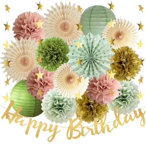Geburtstag Deko Mädchen Frauen Grün Rosa Party Deko Happy Birthday Girlande Olivegrün Rosa Seidenpapier Pompoms Papierfächer Papierlaternen