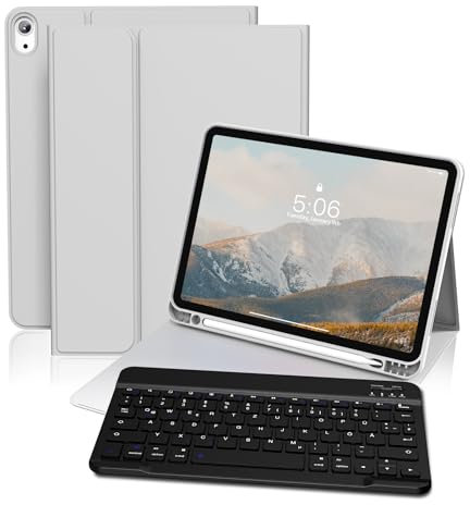 GKABXY Étui avec clavier pour iPad 10e génération 10,9 2022, clavier Bluetooth sans fil amovible, disposition QWERTZ, étui en TPU flexible avec porte-stylo pour nouvel iPad 10e génération, gris