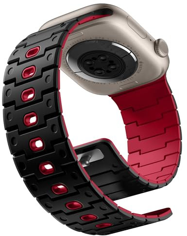 Bandletic Kompatibel mit Apple Watch SE Armband - Magnetbänder Silikon Sport Band für iWatch SE Ultra 2 Series 10 9 8 7 6 5 4, 49mm 46mm 45mm 44mm 42mm (Series 3 2 1) für Herren Damen, Schwarz Rot