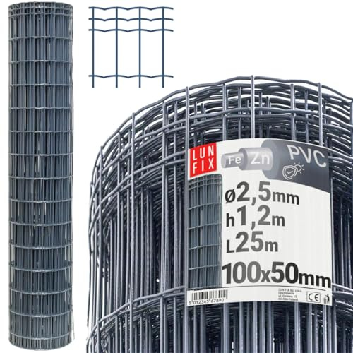 Maschendrahtzaun 10 x 5 cm Ø 2.5 mm 1.2 m x 25 m verzinkter Stahl | Anthrazit, PVC-beschichtet, Gartenzaun Hundezaun Wildzaun Hühnerzaun Drahtgitter Zaun Schweißgitter