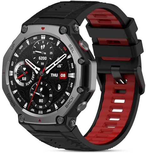 SenMore Correa de Silicona Compatible con Amazfit T-Rex 3, Deportiva Impermeable y Transpirable de Pulsera de Repuesto para Amazfit T-Rex 3.(No host) (Black+Red)