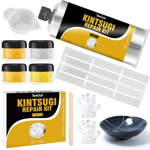 Kintsugi Repair Kit Gold & Silver, 50ml Kintsugi Glue for Broken Ceramics, Bowls, Cups, Porcelain, Glass, Food Safe Pottery Repair Kit for Repair Meaningful Gifts, Jade, Sculpture, Vase, Mug