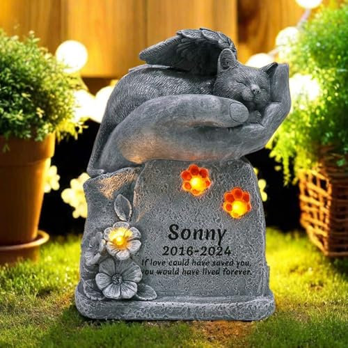 Katze Gedenkstein mit Solarbetriebener LED Beleuchtung Personalisierte, Engelsflügel Katze Gedenkstein, Solar Katze Engel Gartendeko Gedenkstein für Außen, Schlafende Katze Solarbetrieben Grabstein