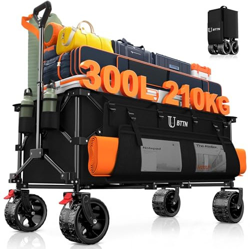 BTTN XXXL Bollerwagen Faltbar 300L 210KG Traglast, Handwagen mit Bremsen, Geländetauglich mit 18x10 cm Breitreifen, Klappbar für Garten, Strand, Camping & Einkaufen, Outdoor Transportwagen, Schwarz