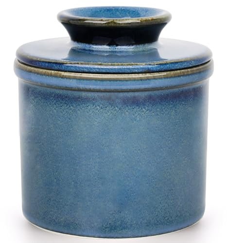 Jersinwei Beurrier français, refroidi à l'eau, avec ligne d'eau, cloche en céramique pour beurre tartinable – Cadeau de Noël pour la cuisine – Bleu
