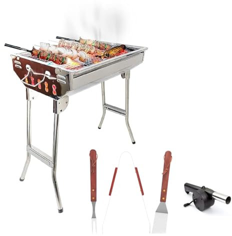 Oceano Barbecue a carbone in acciaio inox bracere richiudibile in metallo portatile bbq da esterno griglia per giardino pic-nic campeggio escursione gita (33x48x58cm+ACCESSORI)
