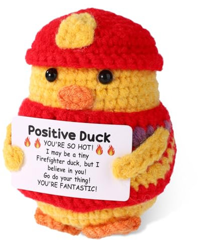 TOYMIS Positive Ente, 8cm Feuerwehrmann-Thema Handgemachte Positive Unterstützung Puppe Lustige Gehäkelte Ente mit Inspirierender Karte Emotionale Geschenkdekoration