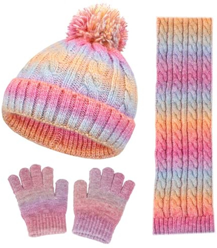 Satiskid 3 in 1 Kinder Wintermütze Schal Handschuhe Set für Kinder 3-10 Jahre Jungen Mädchen Warme Winter Beanie Hut Handschuhe Schal Thermal Knit Kinder Winter Accessoires für Outdoor (Regenbogen)