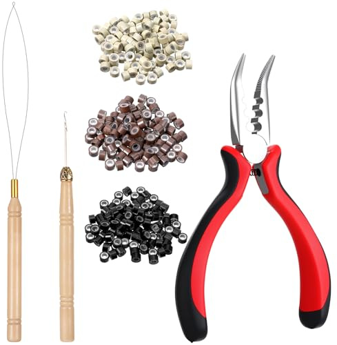 Haarverlängerung Werkzeug Set 600 Stück Microrings Haarverlängerung Ringe | 1 Microring Hair Zangen, 1 Microring Nadel Einfädler, 1 Ziehen Haken, für Tinsel- und Feder Einnäh Extensions Set