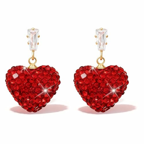 SIXDUTON Herz Ohrringe Rot Damen, 14K Vergoldete Valentinstag Ohrringe Herz für Frauen Freundin, Romantisch Schmuck Jubiläums Valentinstag Geschenke für Sie
