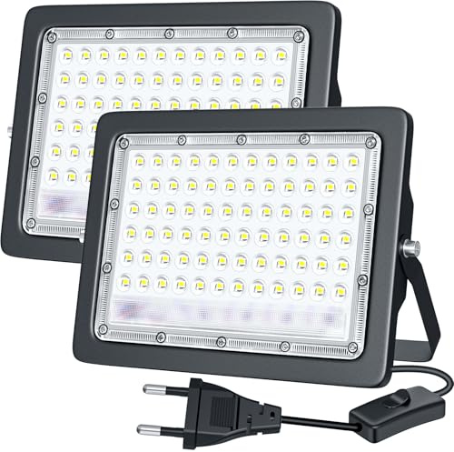 TOPBOS LED Strahler Außen,2 Stück 50W 5000LM Superhell Außenstrahler mit Stecker und Schalter,6500K Kaltweiß,IP66 Wasserdicht Flutlicht,LED Aussenstrahler für Garten,Hof,Garage,Sportplatz
