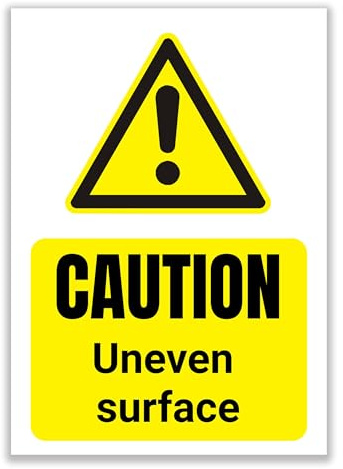 Caution Uneven Surface Trip Hazard Safety Warning Notice PVC A4 No Holes | Rigid 1mm weatherproof PVC panel, high visibility yellow safety design, durable hazard notice, tool free mounting
