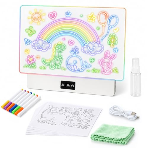 OUTON Rechargeable LED Drawing Board for Kids, 16 Glow Doodle LED Note Board with 8 Colors, 3 Light Effects, Reusable Neon Light Up Drawing Tablet Gift for Girls and Boys with Battery Display, Pink