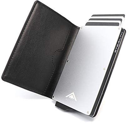 Stealth Wallet Porte Carte Bancaire RFID pour Homme - Porte-Cartes De Crédit avec Mécanisme Pop Up et Boîte Cadeau - Portefeuilles de Crédit Aluminium Minces (Aluminium Argent, Cuir Noir)