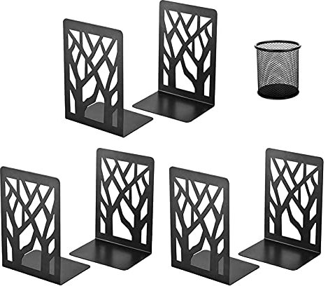 Buchstütze, 3 Paar Buchstützen aus Metall, Buchhalter Regal, CD, Ordnerhalter DVD, Dekorativer Buchstaender für Schwere Bücher, Bücherstützen für Home Office, Bücherstopper, mit 1 Stifthalter(Schwarz)