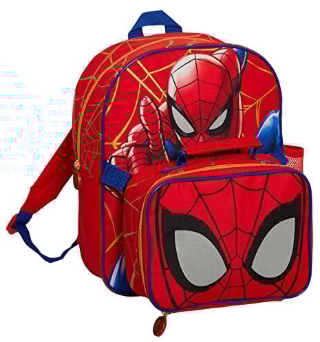 Marvel Ensemble 2 pièces sac à dos et sac à déjeuner assortis Spider-Man pour garçons avec porte-bouteille pour la rentrée scolaire, Rouge, Taille unique