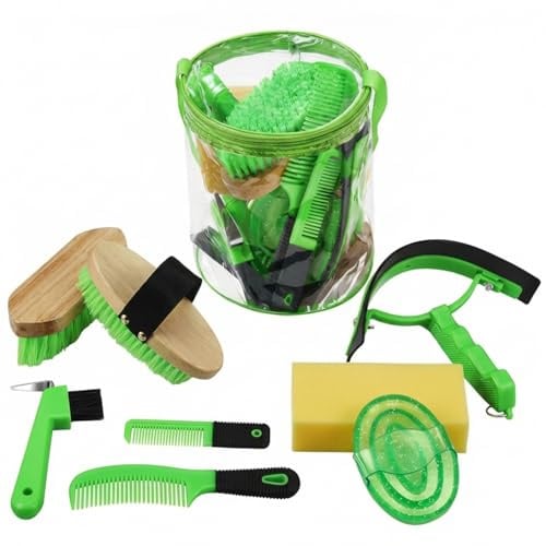 Cunhill 9 Pcs Horse Grooming Kit with Bag Curry Brushes,Cute,Green | Complete Grooming Set for Horses, Hard Soft Brushes, Hoof Pick, Sweat Scraper, Sponge, Comb, Portable Tote for Stable
