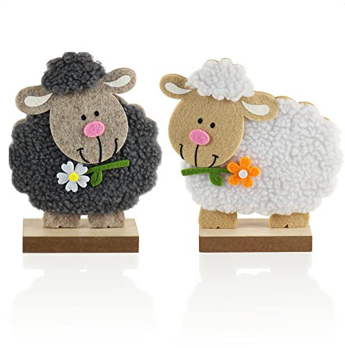 com-four® 2X Deko Aufsteller für Ostern - Sehr niedliche Schafe - Osterdeko zum Hinstellen - Osterdekoration aus Holz, Filz und Wolle (2 Stück - Lamm - weiß + schwarz)