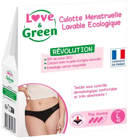 Love & Green - Menstruationshose, waschbar, umweltfreundlich, Bio-Baumwolle – Größe L (42) – Normalfluss