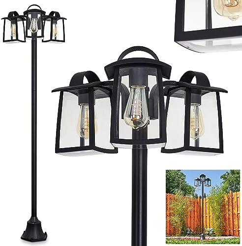 Kandelaber Trosa, moderne Außenstehleuchte aus Metall/Glas in Schwarz/Klar, Wegeleuchte 190 cm, Laterne 3-flammig, 3 x E27, ohne Leuchtmittel, Gartenbeleuchtung IP44