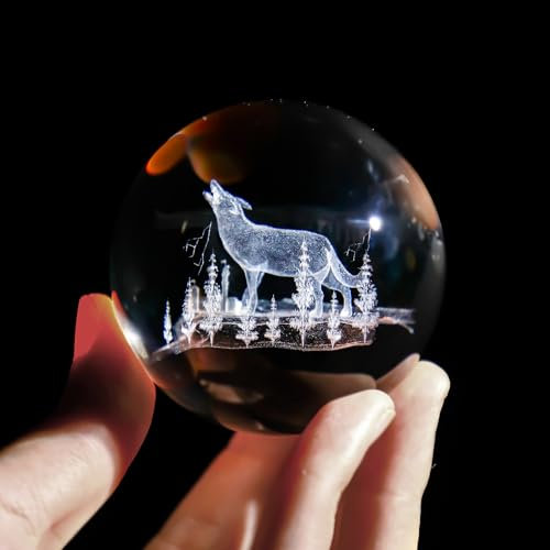 HDCRYSTALGIFTS 60 mm Wolfskugel mit Ständer, 3D-Lasergravur, dekorative Glaskugel, Briefbeschwerer (transparent)