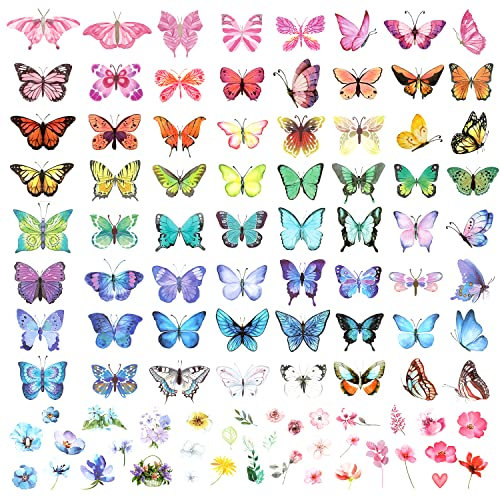 100 Stück Temporäre Tattoos Schmetterling, Bunte Kleine Schmetterlings Blumen Tattoo Wasserdicht Niedliche Kleine Tattoos für Erwachsene Kinder Gesicht Körper Geburtstagsfeier Karneval