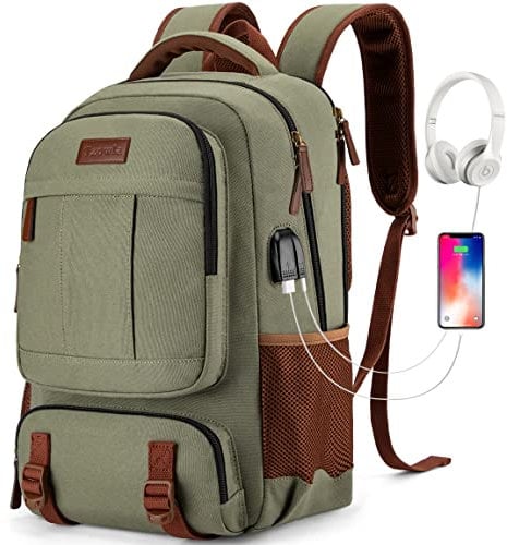 Tzowla Canvas Laptop Backpack Mens Womens,Vintage Travel Work Hiking Backpacks,School College Rucksack Fits 17.3 Inch Computer,Bookbag with USB Charging Port-Green