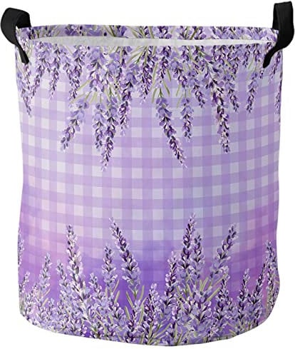 Handtuchkorb Lavendel-Lila Blumen-Frühlings-Aquarell-Plaid Stabilem Wäschesäcke Oxford-Stoff Wäschetonne 34X42Cm Für Schlafzimmer Wäsche Kleidung