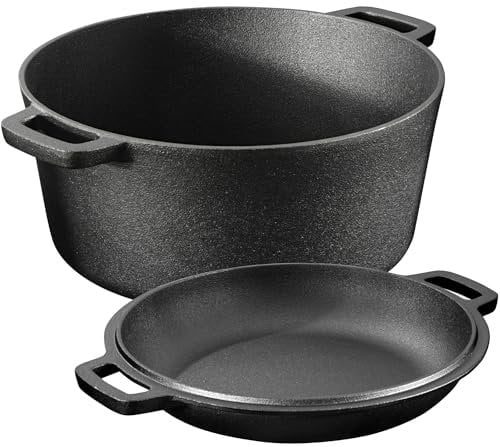 Navaris Cast Iron Casserole Dish Pot 4.7L / 26cm (5QT / 10.2) - Dutch Oven for Bread Making - Pre-Seasoned Cast Iron Pot with Lid Usable as Frying Pan