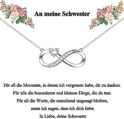 CERSLIMO Geschenke für Schwester Kette Silber 925 Unendlichkeitszeichen, Halskette Infinity Herz Zirkonia Anhänger Geburtstag Geschenk Weihnachten Beste/Kleine/Große Schwester Sisters