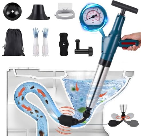 YUCHENGTECH Rohrreiniger Druckluft Abflussreiniger Pumpe Pressluft Rohrreiniger 4 in 1 Toilet Plunger für Toilette/Waschbecken/Badewanne/Bodenablauf
