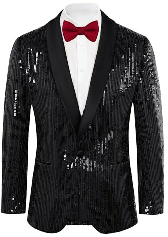 GRACE KARIN Männer Glänzende Paillettenblazer Casual Freizeit Sakkos Regular Fit Blazer Schwarz XXL