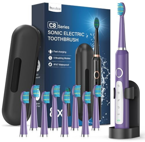 Cepillos de Dientes Electricos Sónico Adultos con 8 Cabezal - 5 Modos Cepillo Electrico con Estuche, IPX7, Cepillos de Dientes Eléctricos Ultrasónicos para Familia Viajar, Morado Oscuro