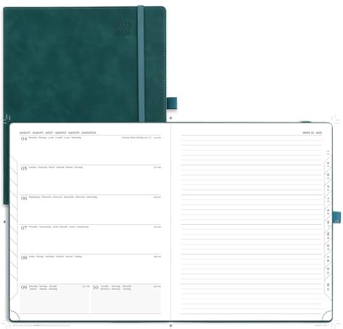 POPRUN Kalender 2025 2026 Buchkalender Notizbuch (Aug.2025-Dez.2026), ca. A4 (26,5 x 21,5 cm), Terminplaner, Wochenplaner Softcover mit PU-Leder, Zertifiziertem Papier - Petrolgrün