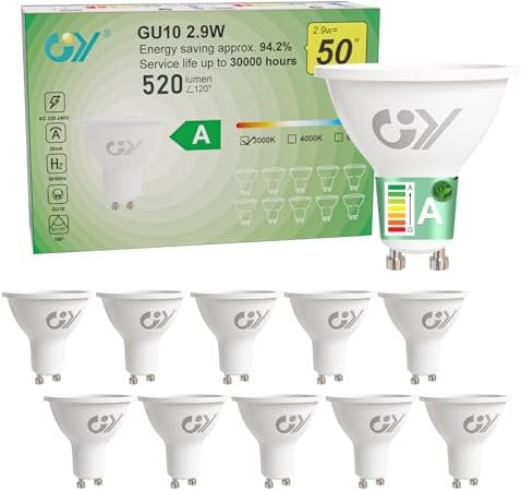 GY GU10 LED Warmweiss Lampe 2,9W 520 Lumen 3000K Warmweiß Glühbirnen, 50W Halogenlampe ersetzt, Abstrahlwinkel 110° Leuchtmittel, Nicht Dimmbar Energiesparlampe, 10er-Pack